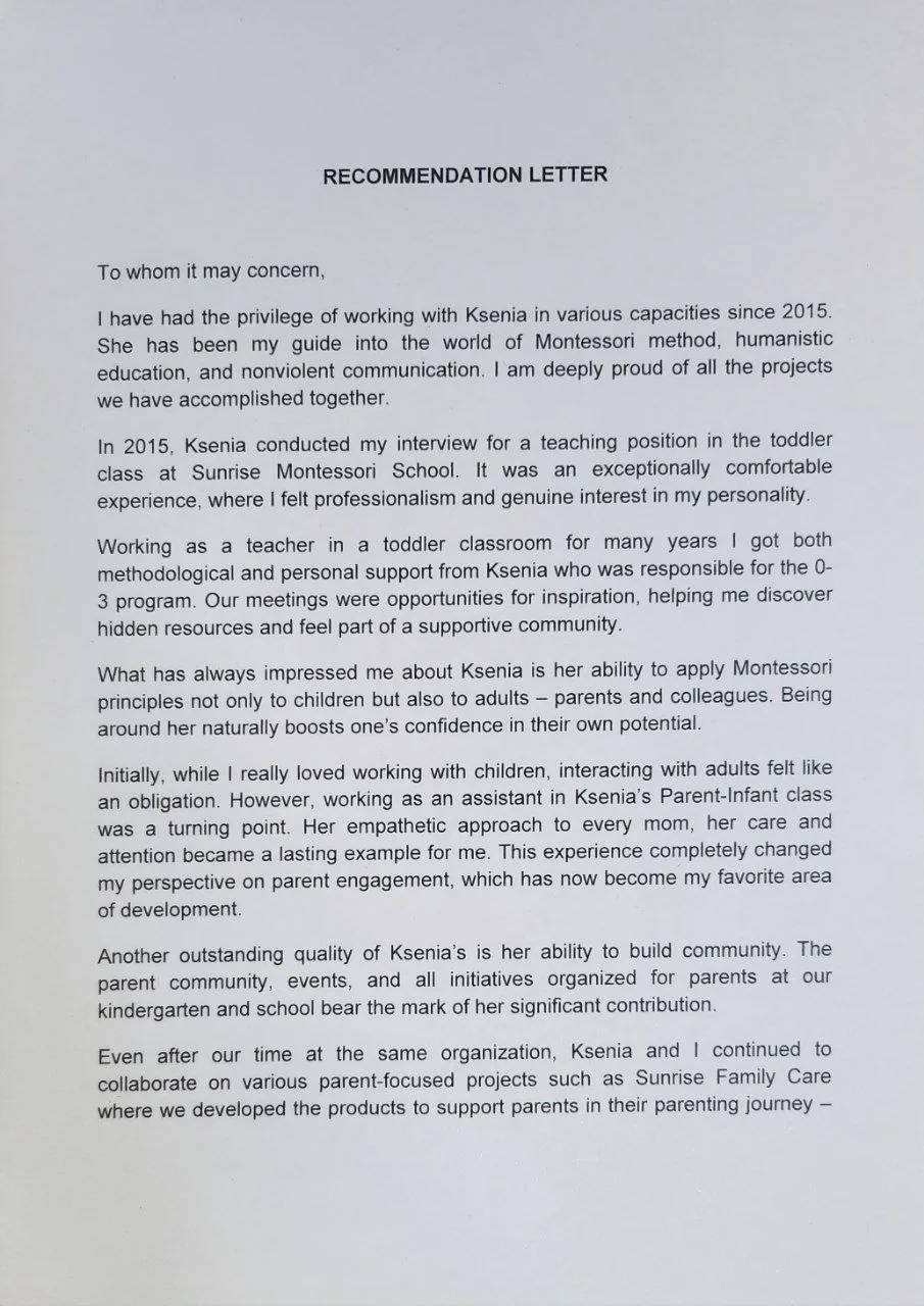 Recommendation letter from Alena Sokolova, page 1